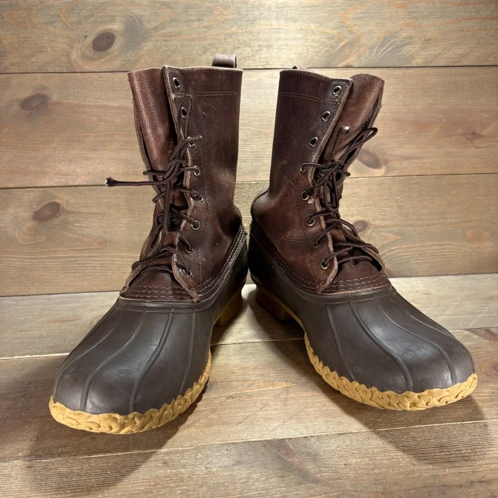 LL Bean Mens size 10 wide shoes Brown Leather Waterproof Tall Lace Up Duck boots